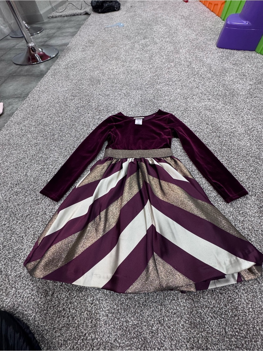Bonnie Jean Burgundy Velvet Dress with Gold & Cream Striped Skirt